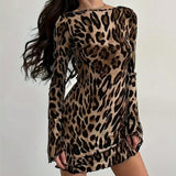 1pc Leopard Print Backless Tie-Back Dress, Polyester Knit Fabric, Crew Neck, Fitted Long Sleeve for All Seasons, Adult Women