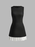 Women'S Sleeveless Pleated Mini Dress, Solid Color, Fitted Crew Neck, Knit Fabric, Polyester 92% Elastane 8%, All Seasons, Frill Detail, Adult Fashion