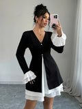 Elegant V-Neck Color Block 1pc Dress - Polyester A-Line Pendulum with Flounce Sleeves for Women, Spring/Fall