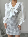 1pc Elegant Women'S V-Neck Plaid Dress, Polyester Woven Fit with Button Closure, with Bow Detail, for All-Season Fashion