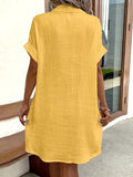 Women's 100% V-Neck Blouse Dress - Light Blue, Casual, Short Sleeves, Button Details, Machine Washable, All-Season Comfort