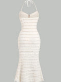 [1pc Elegant Ruffle Neck Dress] 1pc Elegant Polyester Halter Neck Dress with Ruffle Trim and Ring Detail, Summer Knit Fabric Bodycon Solid Color Evening Gown for Women