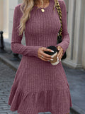 Long Sleeve Ruffle Hem Ribbed A-line Dress, Casual Crew Neck Solid Color Dress For Spring & Fall, Women's Clothing