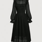 [Long Sleeve Solid Dress] Long Sleeve Solid Color Dress, Elegant Square Neck A-line Midi Dress for Fall & Winter, Women's Clothing