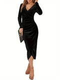 Elegant Black Velvet Midi Dress for Women - Vintage-Inspired V-Neck with Ruched Detail, Long Sleeves, and Asymmetrical Hem - Machine Washable, Polyester & Elastane Blend