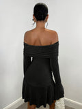 1pc Elegant Off-Shoulder Flare Sleeve Ruffle Hem Solid Color Bodycon Dress for Women, Polyester, All Seasons