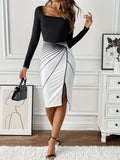 Gradient Print Square Neck Slim Dress, Elegant Long Sleeve Split Hem Pencil Dress For Spring & Fall, Women's Clothing