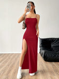 Solid Color Split Cami Dress, Elegant Sleeveless Bodycon Maxi Dress For Spring & Summer, Women's Clothing