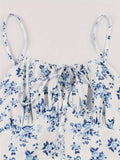 Summer 100% Polyester Vintage Floral Dress for Women - Spaghetti Strap A-Line Pendulum Style with Faux Drawstring Detail, Ideal for Parties and Casual Wear