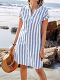 [Elegant | Striped] Elegant Striped V-Neck Midi Dress | Asymmetrical Hemline, Casual Short Sleeve, Button Front, Lightweight Polyester | Perfect for Summer Beach Outings, Beach Dress