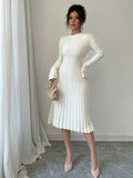 [Long Sleeve Ribbed Knit Sweater] Elegant Solid Color Ribbed Knit Sweater Dress for Women - Crew Neck, Long Sleeve, Pleated Design, Perfect for Fall & Winter