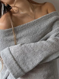 Unique Grey Off-Shoulder Sweater - Chic Boat Neck Long Slim-Fit Knit Top with Bow Detail, Machine Washable, Casual Style for Spring/Fall, Classic Leisure Sweater for Ladies
