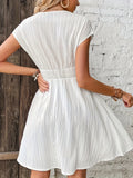 Women's Elegant Contrast Lace V-Neck Sleeveless A-Line Dress with Waist Accent & Flared Skirt - Machine Washable Solid Color All-Season Versatile for Casual to Formal Occasions, Quality Fabric Dress
