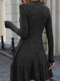 Long Sleeve Ruffle Hem Ribbed A-line Dress, Casual Crew Neck Solid Color Dress For Spring & Fall, Women's Clothing