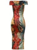 For Spring & Summer, Off-shoulder Straight Neck Abstract Print Sheath Dress, Women's Clothing
