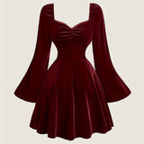 Velvet Elegant V-Neck Long Sleeve Dress - Pleated with Lace Detail, Perfect for Fall/Winter Parties & Banquets