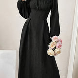 Elegant Textured Midi Dress - Cross Tie Lantern Sleeve Solid Color Romantic Dress for Women