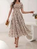 Elegant Women's Floral Print Dress - Square Neckline, Short Sleeve, A-Line Silhouette, Polyester, Machine Washable, Perfect for All Seasons