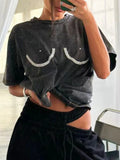 Rhinestone Round Neck Washed T-Shirt