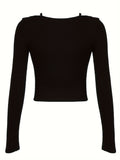 Elegant Stretchy Long Sleeve Mesh Lace Bodysuit Crop Top - Y2K Sheer Knotted T-Shirt For Women - Casual Style