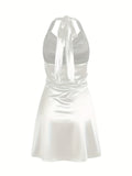 Sexy Satin Cowl Neck Halter Dress - Backless Mini Dress for Evening Party - Women's Clothing