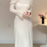 Long Sleeve 3D Floral Off-Shoulder Knit Dress - Solid Color, Regular Fit, A-Line, Winter Fashion, Sweater Knit Fabric