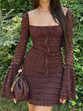 Elegant Brown Flare Sleeve Square Neck Dress