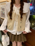Embroidery Floral Tie Front Sweater Vest for Women Bow Tie Front Sleeveless Knit Cardigan Jacket Teen-girl Fairycore Cute Outfit