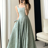 [1pc Elegant Square Neck Dress] 1pc Elegant Square Neck Polyester Dress for Women - Spring/Summer Flared A-Line Pendulum Dress with Solid Color and Textured Weave