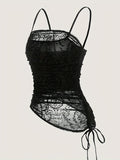 Elegant Floral Lace & Velvet Off-Shoulder Cami Top for Women with Side Drawstring Detail - Machine Washable, Perfect for Spring/Summer/Fall