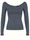 Japanese and Korean Special Targeted Elegant Basic Large Round Neck Slimming Long Sleeve Striped Top
