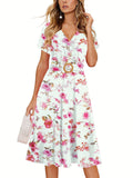 [Tropical Leaf Print V-Neck Dress] Navy Blue Tropical Leaf Print V-Neck Short Sleeve Midi Dress - Fitted Bodice, Flared Skirt, Polyester Blend, with Belt and Pockets, Perfect for Spring/Summer Casual or Tea Church Outfits