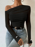 Semi-Sheer Stretchy Polyester Blend Off-Shoulder Ruched Long Sleeve Top with Bow Detail - Elegant for Women - Perfect for Fall/Winter voguable