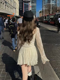 [New Gentle Style A-Line Skirt] Korean Milk Apricot Waist A-Line Short Skirt Female Early Autumn New Gentle Style Temperament Hot Lace Long Sleeve Dress