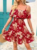 Summer Women's Elegant Off-Shoulder V-Neck Ruffle Hem Floral Print Mini Dress - Lightweight Machine-Washable Sleeveless Party Dress for Festivals, Beach & Casual Outings