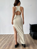 Casual Breathable Cut Out Split Dress, Sleeveless Crew Neck Summer Party Dress for Women