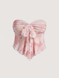 [Floral Knotted Tube Top] Floral Print Knotted Front Tube Top, Vacation Style Strapless Hanky Hem Top For Spring & Summer, Women's Clothing