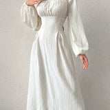 Elegant Textured Midi Dress - Cross Tie Lantern Sleeve Solid Color Romantic Dress for Women