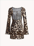 1pc Leopard Print Backless Tie-Back Dress, Polyester Knit Fabric, Crew Neck, Fitted Long Sleeve for All Seasons, Adult Women