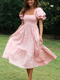 Women's Plaid Pleated Dress, Square Neck Dress, Lantern Sleeve Dress