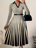 1pc Women'S Elegant Striped Collar Long Sleeve Midi Dress, Polyester Knit Fabric, Regular Fit, Autumn Season, Casual Chic for Daily Wear