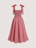 [Plus Size Plaid Cami Dress] Plus Size Plaid Print Cami Dress, Casual Ruched Sleeveless Dress For Spring & Summer, Women's Plus Size Clothing