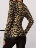 Elegant Leopard Print Mock Neck T-Shirt for Women - Slim Fit, Stretchy Polyester Blend, Machine Washable