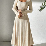 Autumn/Winter Fashion Women's A-Line Ribbed Knit Dress, V-Neck, Ruffled Hem, Solid Color, Polyester, Adult Size, 99080719