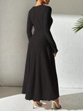 Autumn/Winter Fashion Women's A-Line Ribbed Knit Dress, V-Neck, Ruffled Hem, Solid Color, Polyester, Adult Size, 99080719