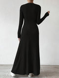 Elegant Solid Color V-Neck Knit Long Sleeve A-Line Dress - Ribbed Texture, Machine Washable, Polyester - Chic Middle Eastern Style for Fall, Elegant Long Sleeve Knit Dress