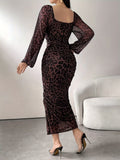 Elegant Leopard Print Bodycon Dress with Frill Detail, Polyester Long Sleeve Square Neck Sheer Mesh Overlay, for Women, Fall Season