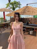 Solid Color Spaghetti Strap Dress, Casual Sleeveless Tiered Hem Dress For Vacation, Women's Clothing