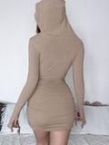 Khaki Hooded Bodycon Folds Long Sleeve Dress