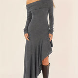 Elegant Ruffled Off Shoulder Long Sleeve Dress - Women's Backless Asymmetrical Slim Fit Dresses with Ruffle Hem - Perfect for Formal Occasions and Date Nights